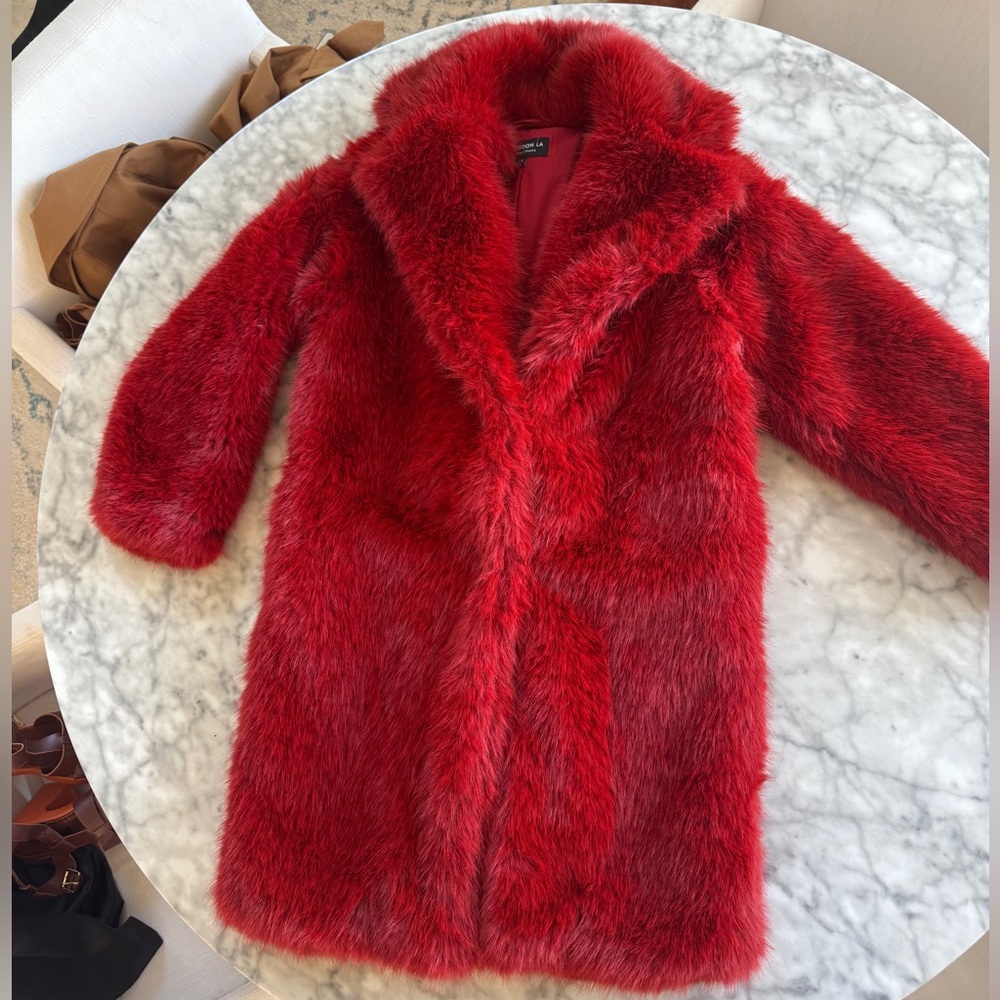 Coalition LA Womens Red Long Faux Fur Jacket, Size S/M